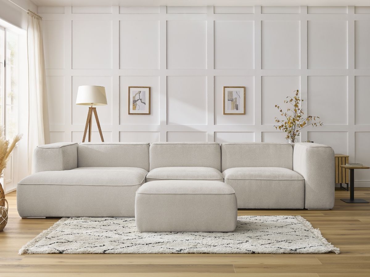 Canapé d'angle fixe ZEPHYR avec pouf beige angle gauche BOBOCHIC 5 places - Vue supplémentaire 3