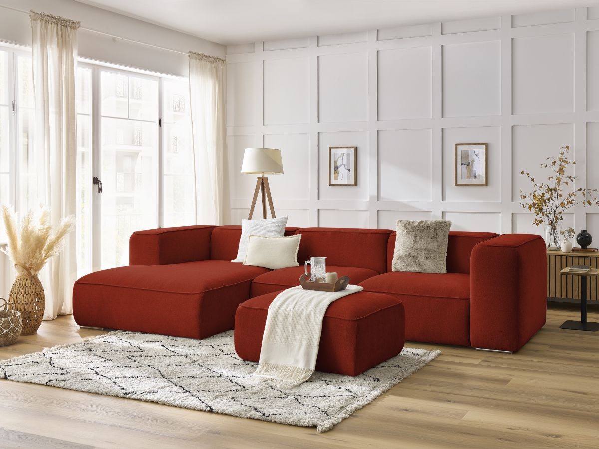 Canapé d'angle fixe ZEPHYR avec pouf orange angle gauche BOBOCHIC 5 places