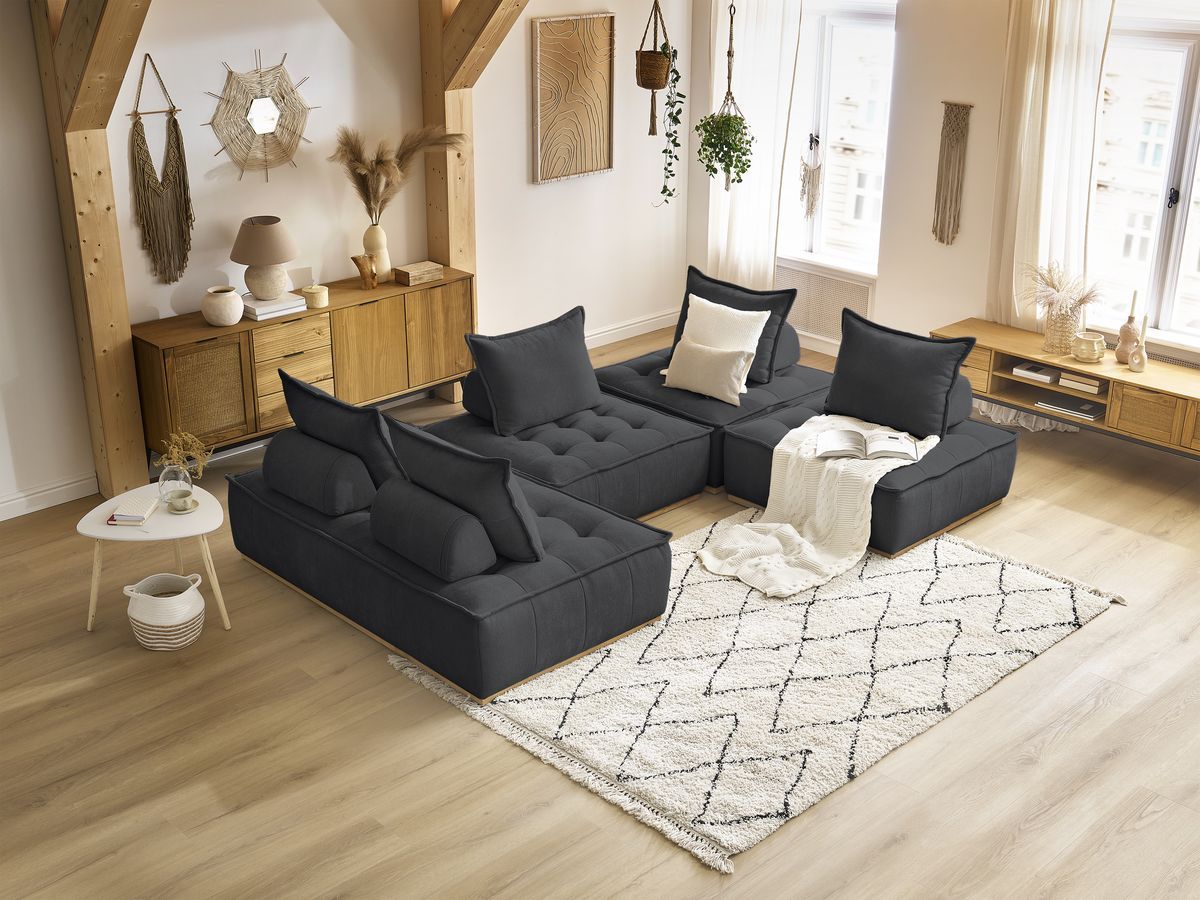 Canapé d'angle fixe EVEREST tissu chiné - Orange - Angle droit - 10 coussins