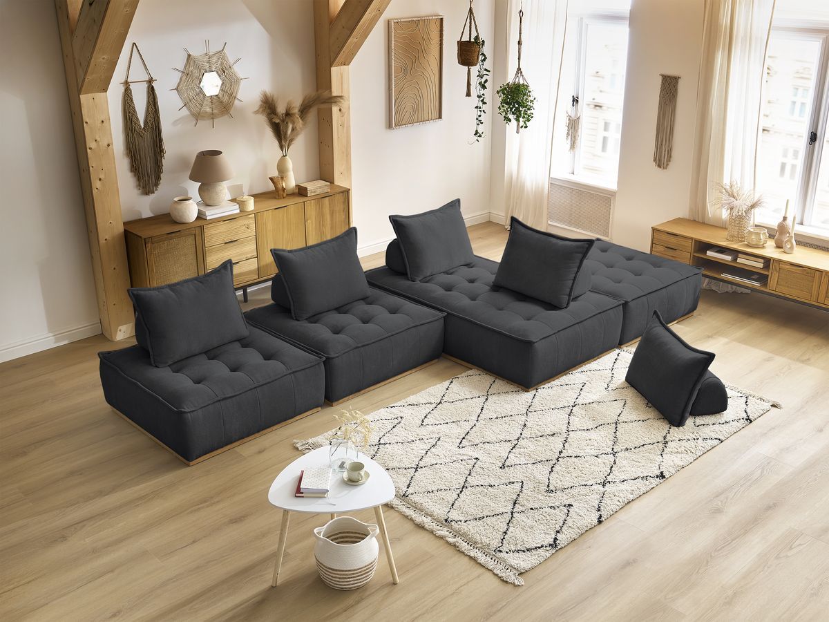 Canapé d'angle fixe EVEREST tissu chiné - Orange - Angle droit - 10 coussins