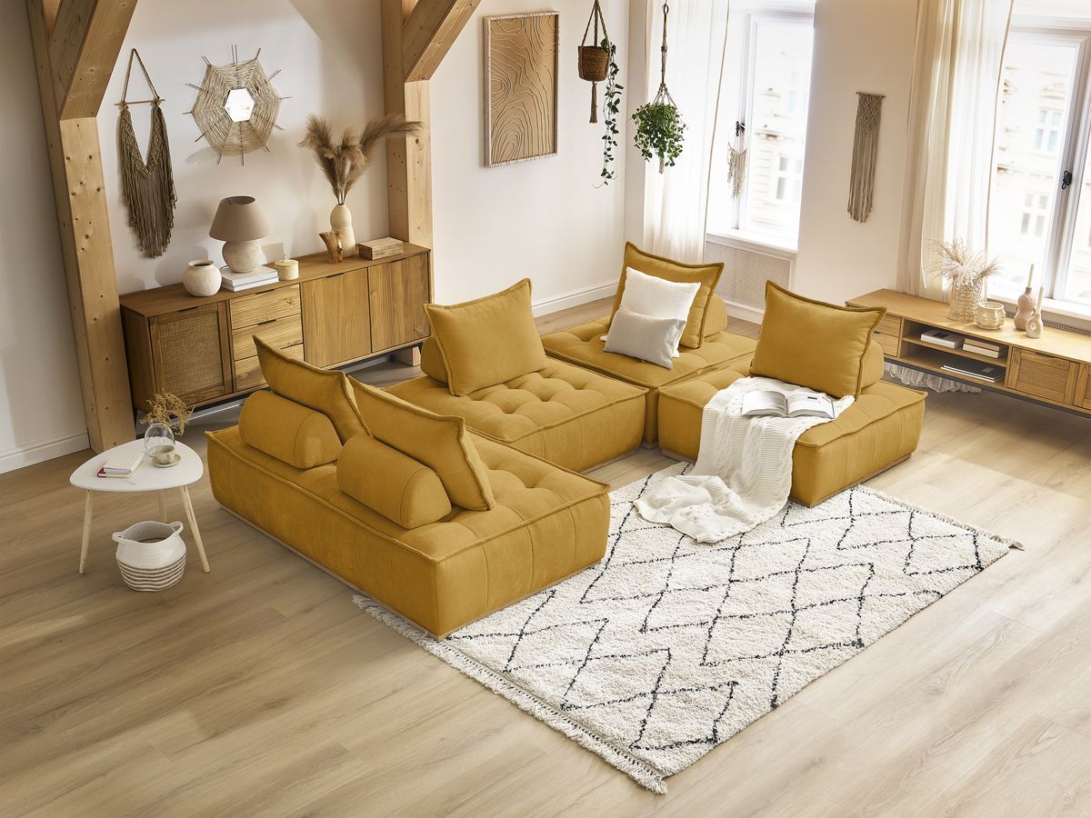 Canapé d'angle fixe EVEREST tissu chiné - Orange - Angle droit - 10 coussins
