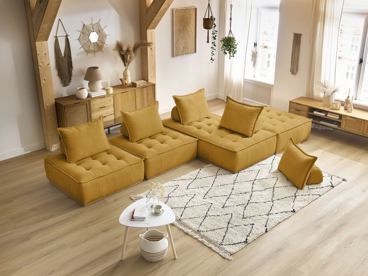 Canapé d'angle fixe EVEREST tissu chiné - Orange - Angle droit - 10 coussins