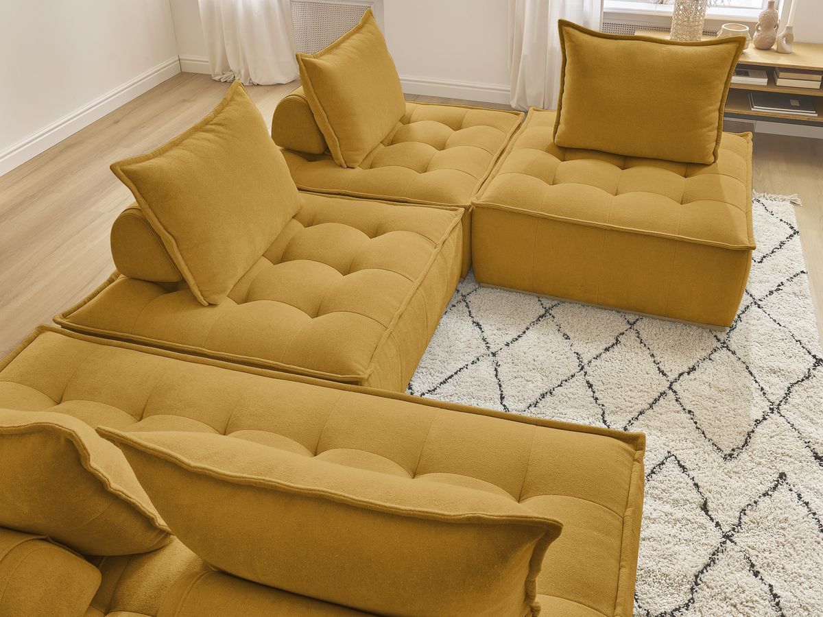 Canapé d'angle fixe EVEREST tissu chiné - Orange - Angle droit - 10 coussins