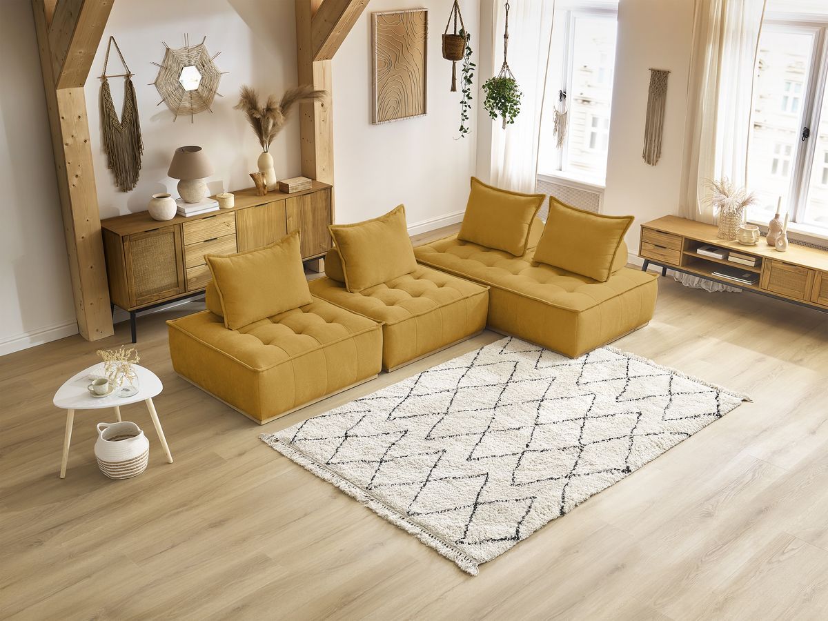 Canapé d'angle fixe EVEREST tissu chiné - Orange - Angle droit - 10 coussins
