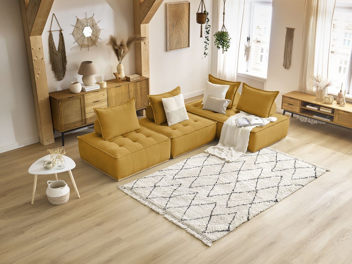 Canapé d'angle fixe EVEREST tissu chiné - Orange - Angle droit - 10 coussins