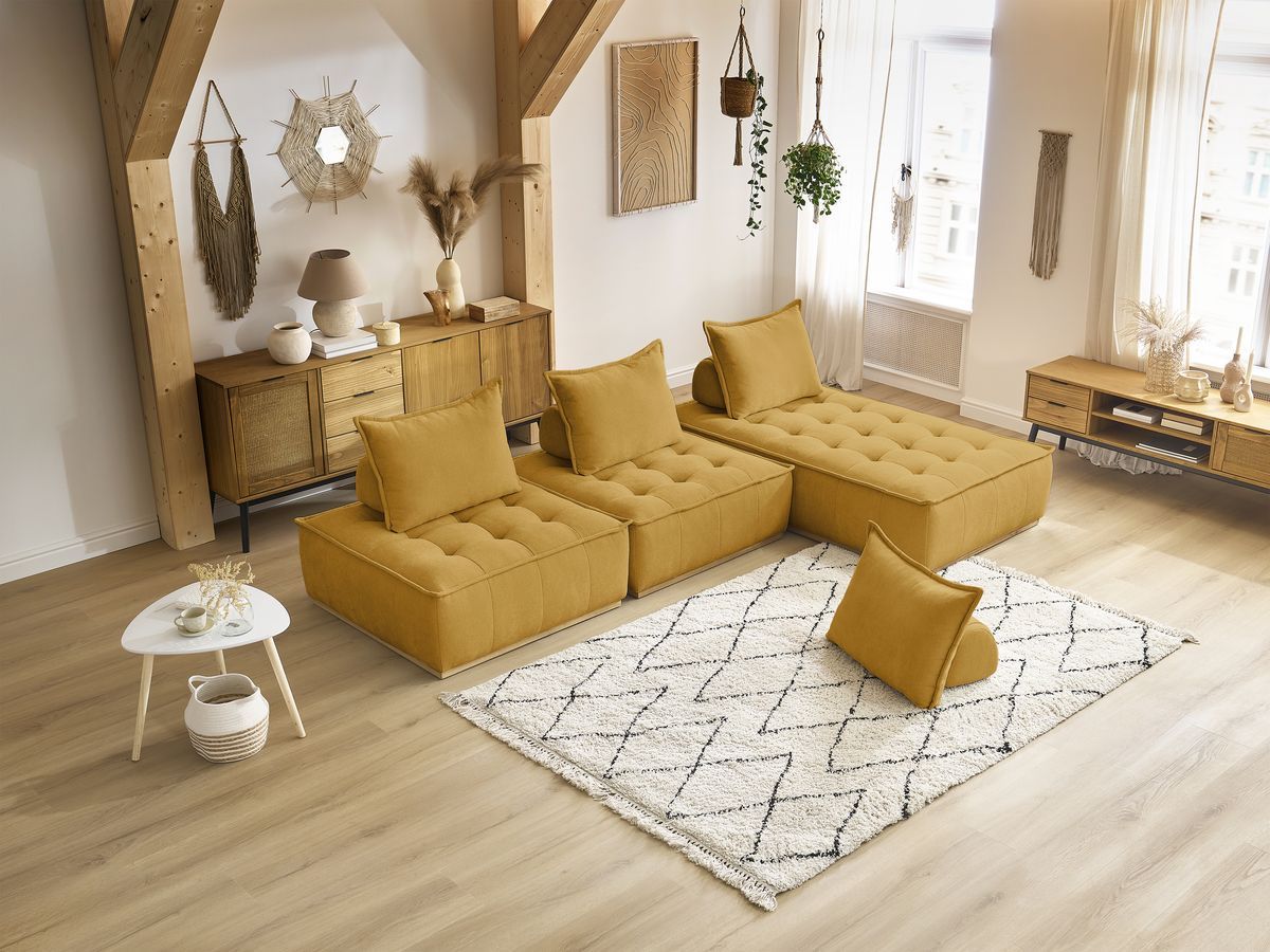 Canapé d'angle fixe EVEREST tissu chiné - Orange - Angle droit - 10 coussins