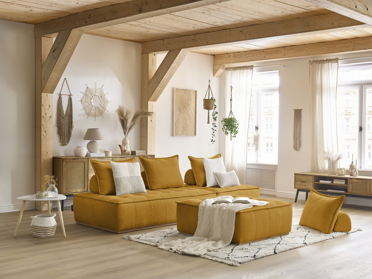 Canapé d'angle fixe EVEREST tissu chiné - Orange - Angle droit - 10 coussins