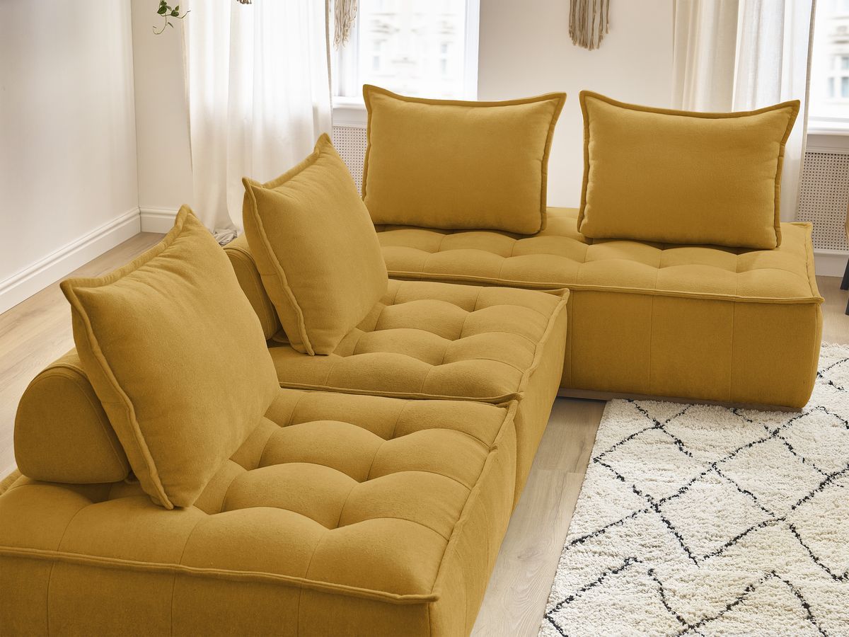 Canapé d'angle fixe EVEREST tissu chiné - Orange - Angle droit - 10 coussins