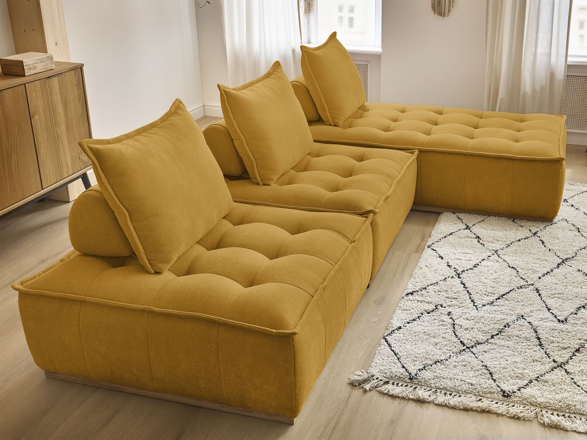 Canapé d'angle fixe EVEREST tissu chiné - Orange - Angle droit - 10 coussins