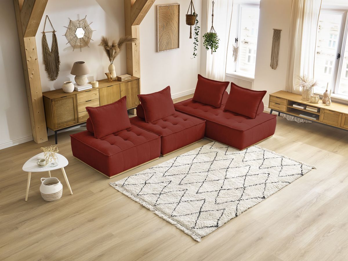 Canapé d'angle fixe EVEREST tissu chiné - Orange - Angle droit - 10 coussins
