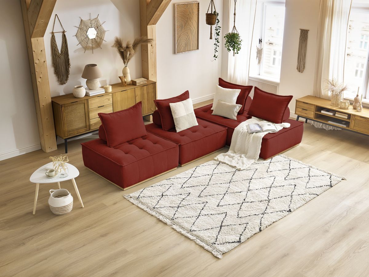 Canapé d'angle fixe EVEREST tissu chiné - Orange - Angle droit - 10 coussins