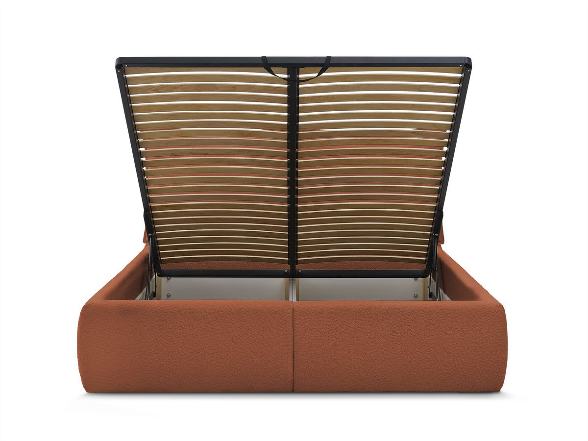 Lit coffre GARANCE avec tête de lit effet oreiller tissu bouclette