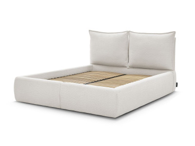 Lit coffre GARANCE avec tête de lit effet oreiller tissu bouclette