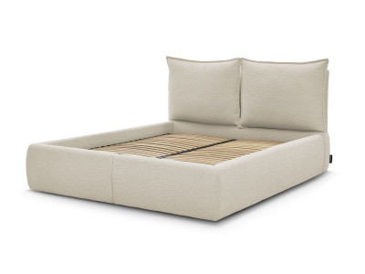 Lit coffre GARANCE avec tête de lit effet oreiller tissu bouclette