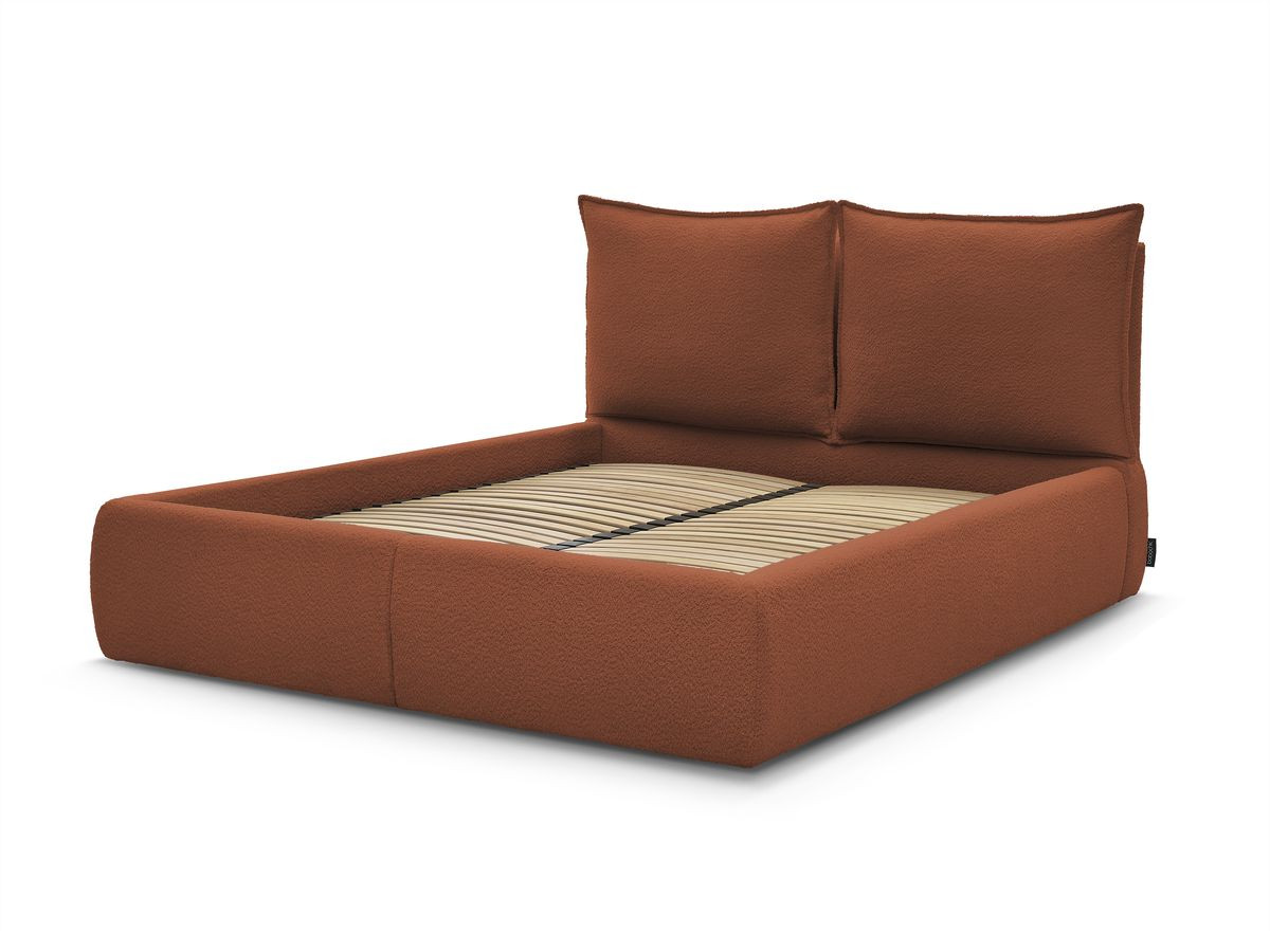 Lit coffre GARANCE avec tête de lit effet oreiller tissu bouclette