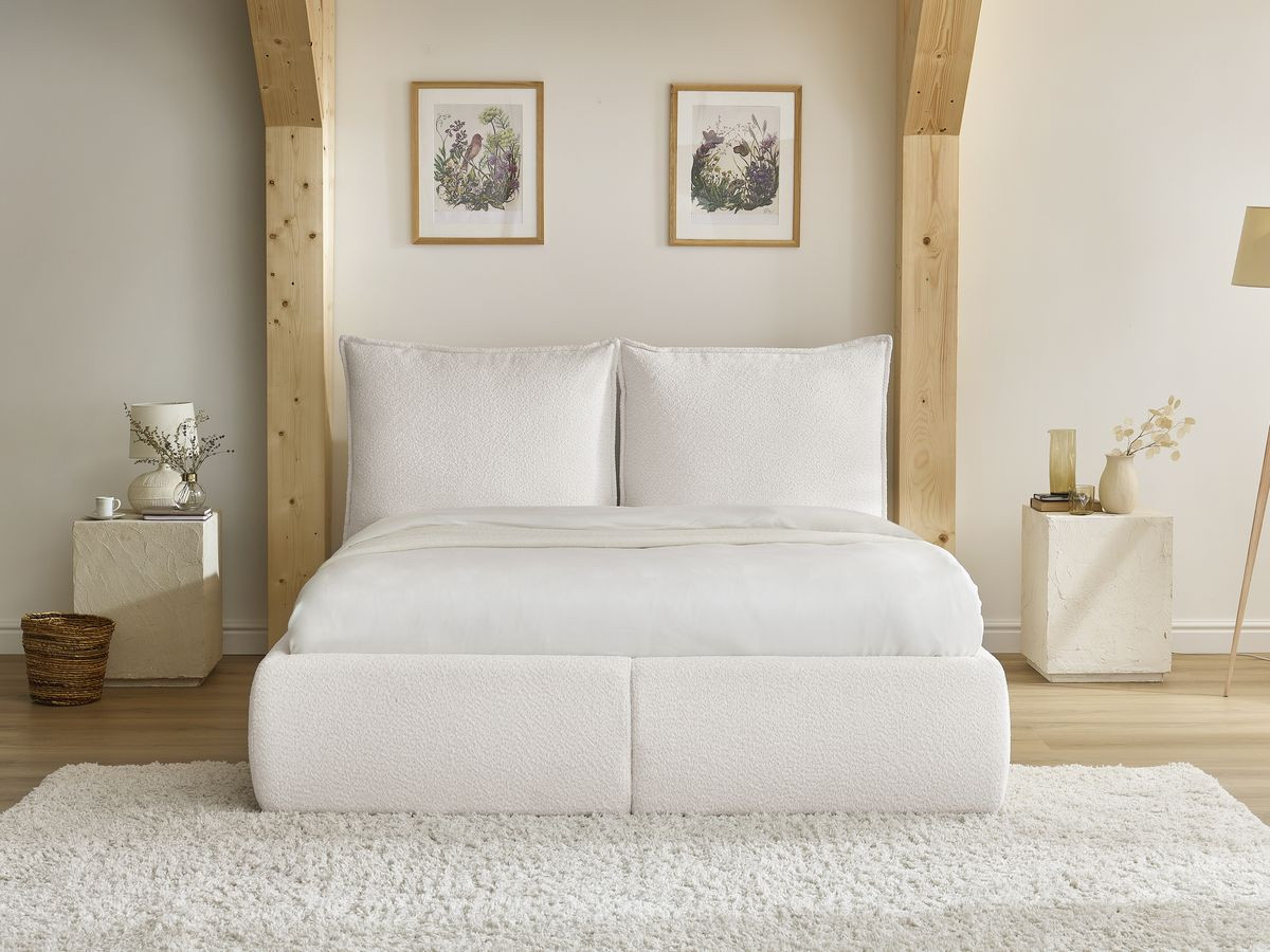 GARANCE opbergbed met hoofdbord met kusseneffect in badstof