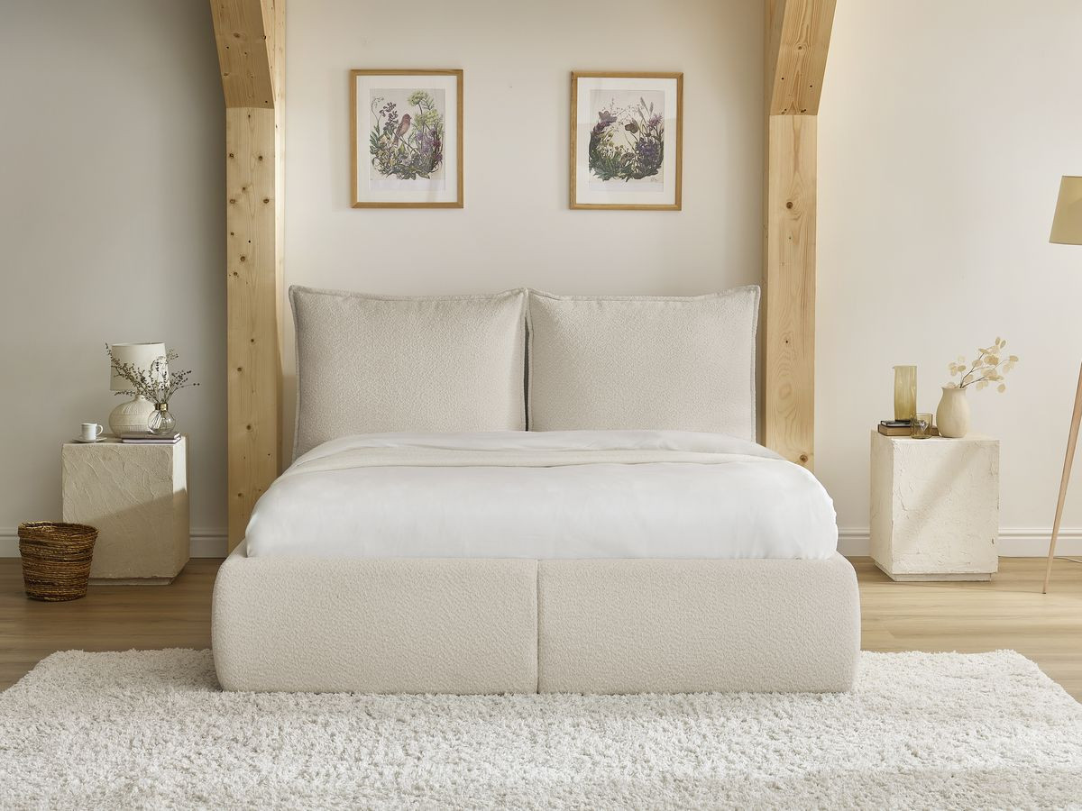 GARANCE opbergbed met hoofdbord met kusseneffect in badstof