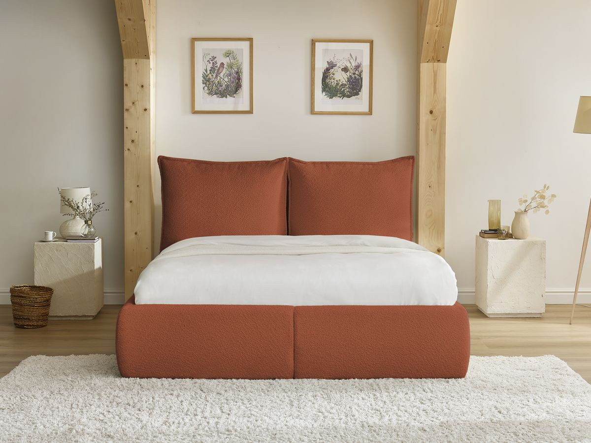 GARANCE opbergbed met hoofdbord met kusseneffect in badstof