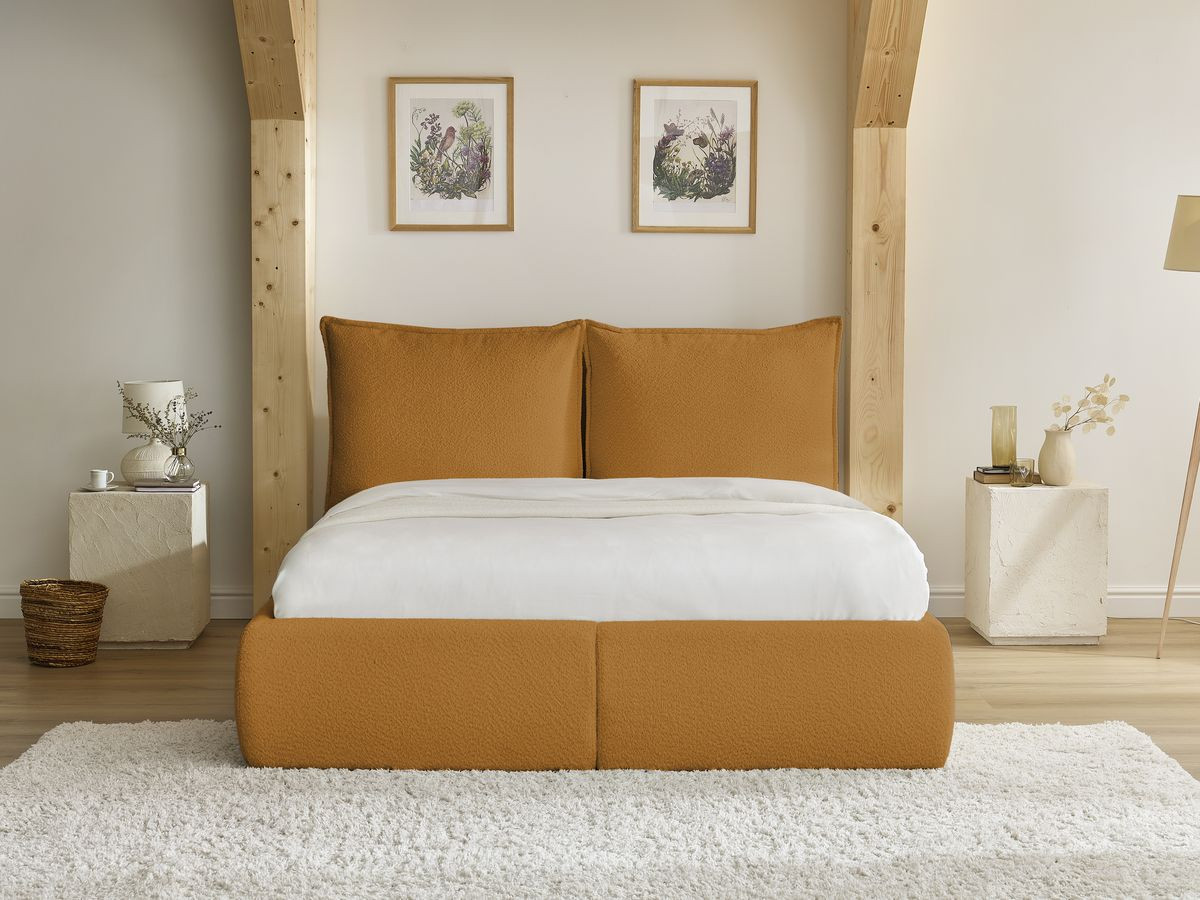 GARANCE opbergbed met hoofdbord met kusseneffect in badstof