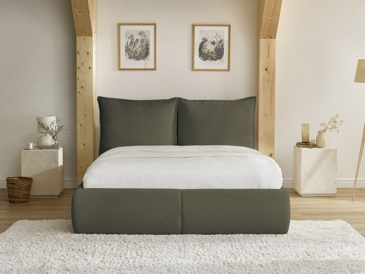 GARANCE opbergbed met hoofdbord met kusseneffect in badstof
