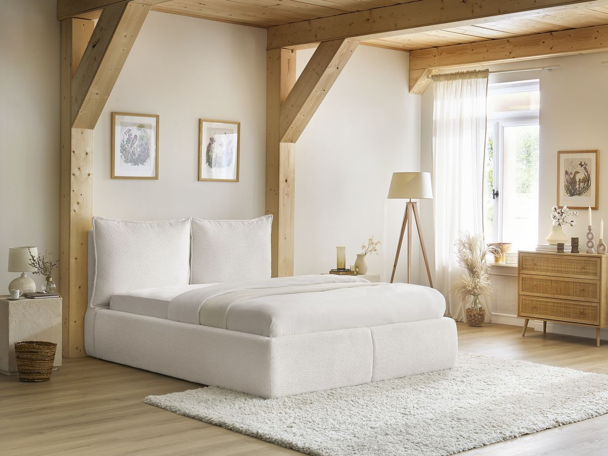 GARANCE opbergbed met hoofdbord met kusseneffect in badstof