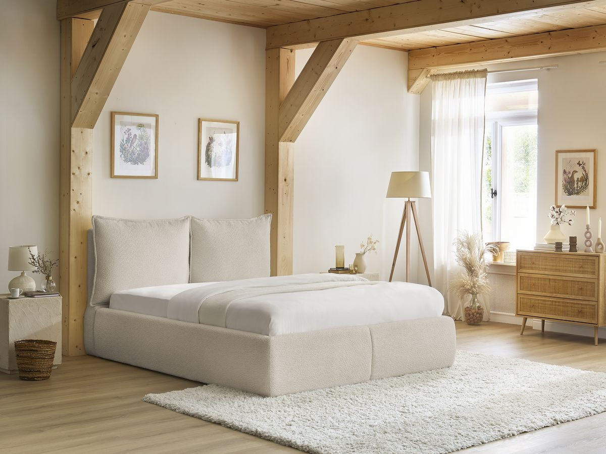 Opbergbed GARANCE met hoofdbord kusseneffect in bouclé stof