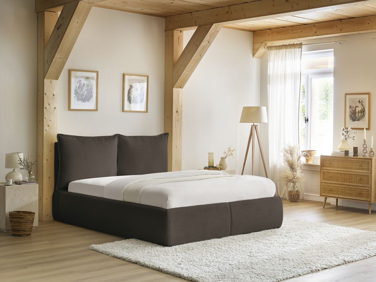 Lit coffre GARANCE avec tête de lit effet oreiller bouclette marron — vue 6