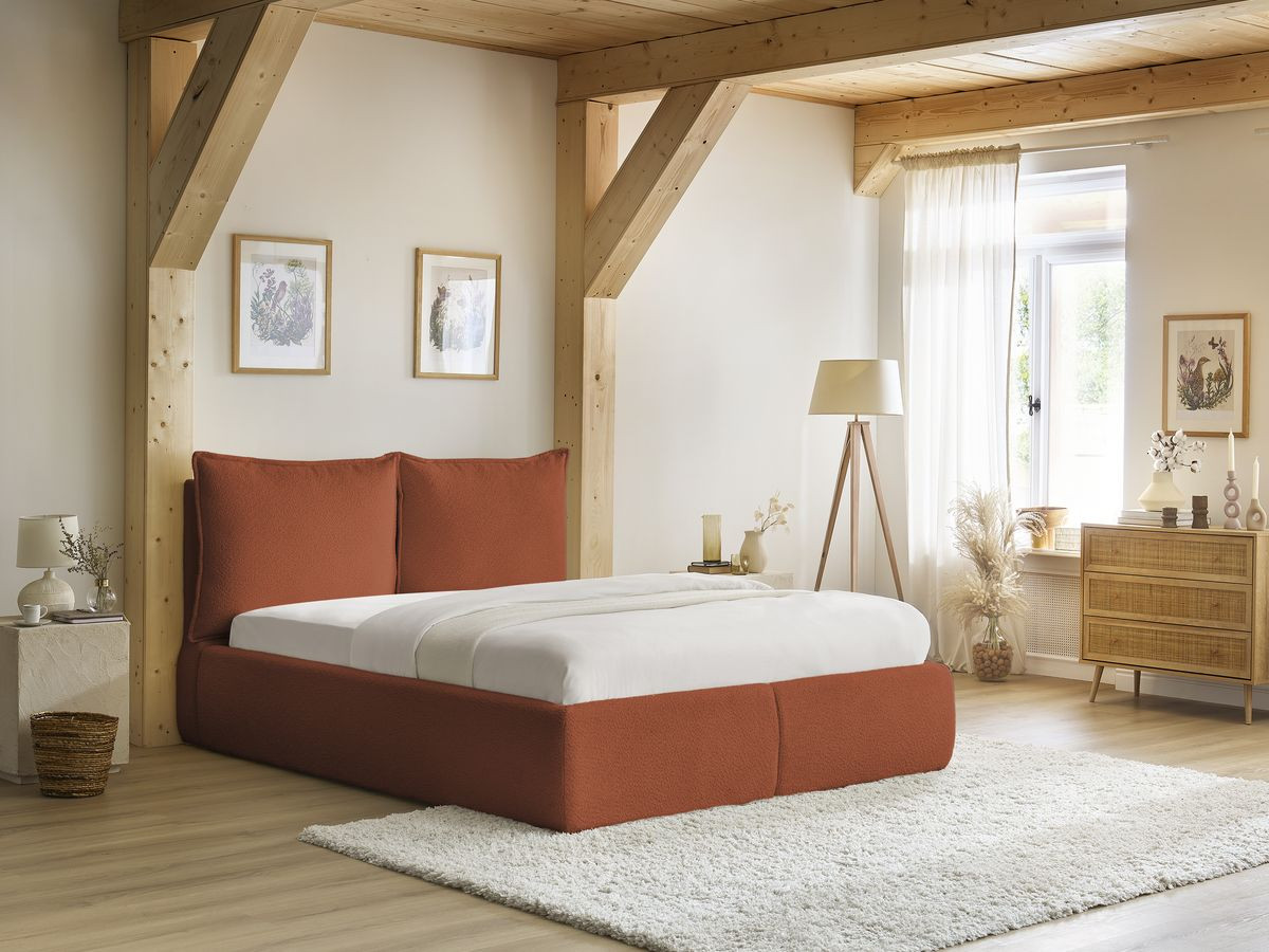 Lit coffre GARANCE avec tête de lit effet oreiller bouclette orange — vue 6