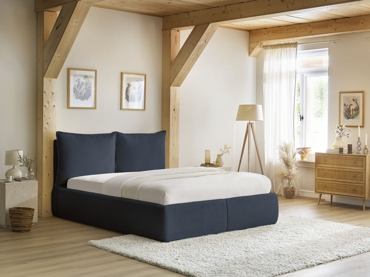 Lit coffre GARANCE avec tête de lit effet oreiller bouclette bleu foncé — vue 6