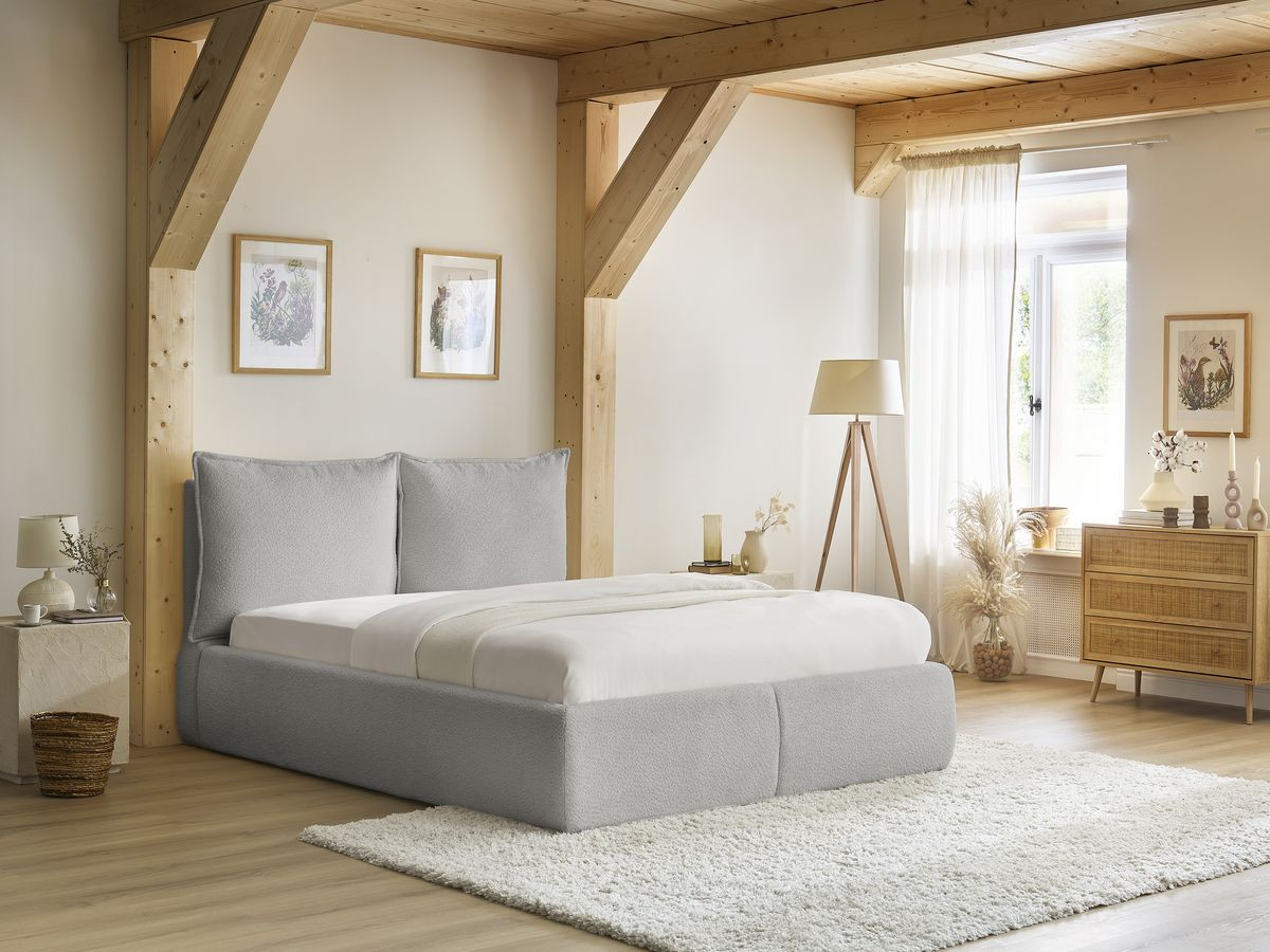Lit coffre GARANCE avec tête de lit effet oreiller tissu bouclette
