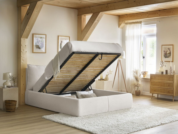 Lit coffre GARANCE avec tête de lit effet oreiller tissu bouclette