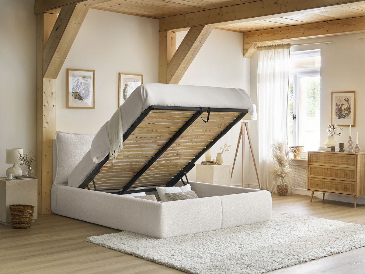 GARANCE opbergbed met hoofdbord met kusseneffect in badstof