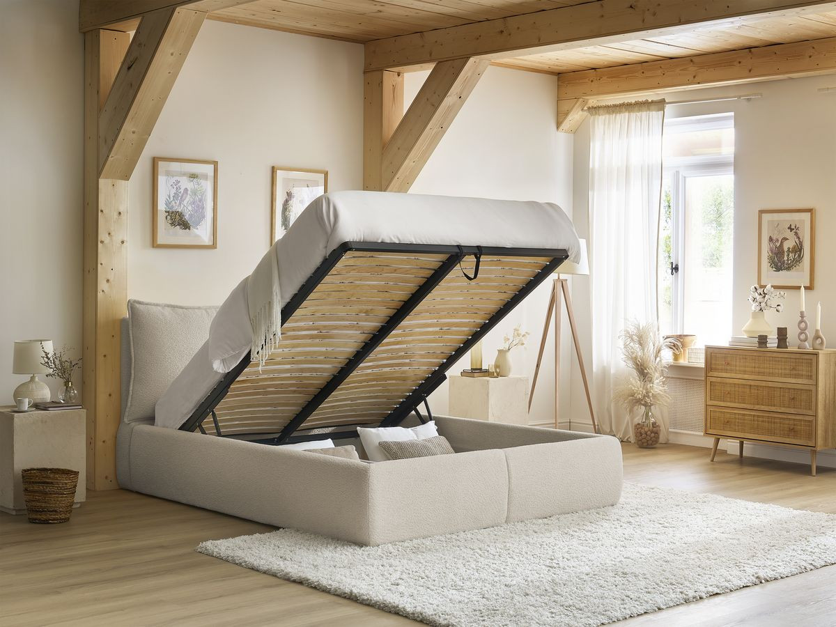 GARANCE opbergbed met hoofdbord met kusseneffect in badstof