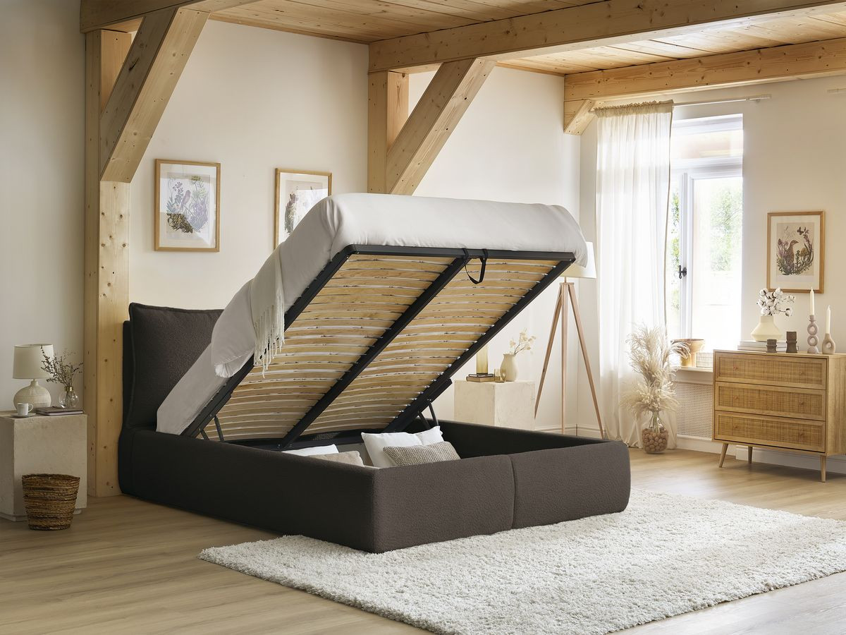 GARANCE opbergbed met hoofdbord met kusseneffect in badstof