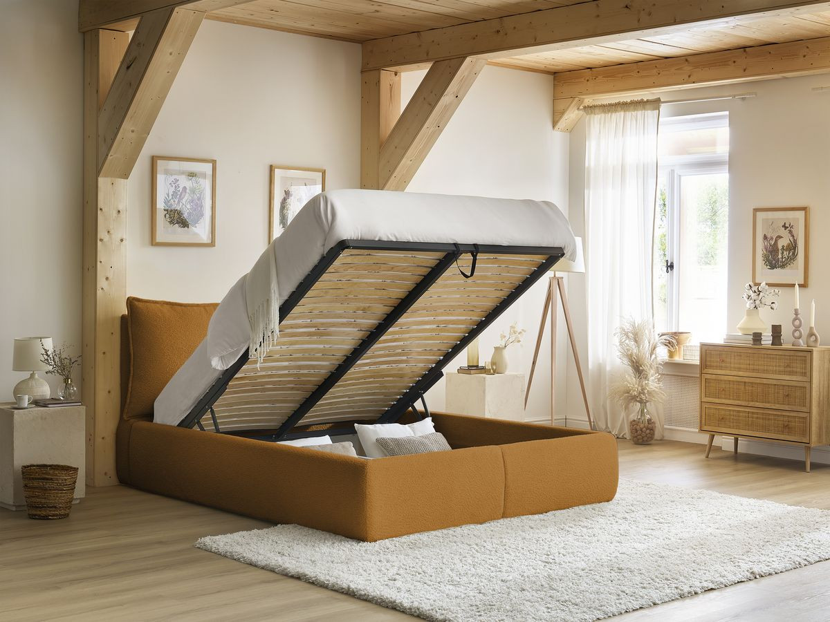 GARANCE opbergbed met hoofdbord met kusseneffect in badstof