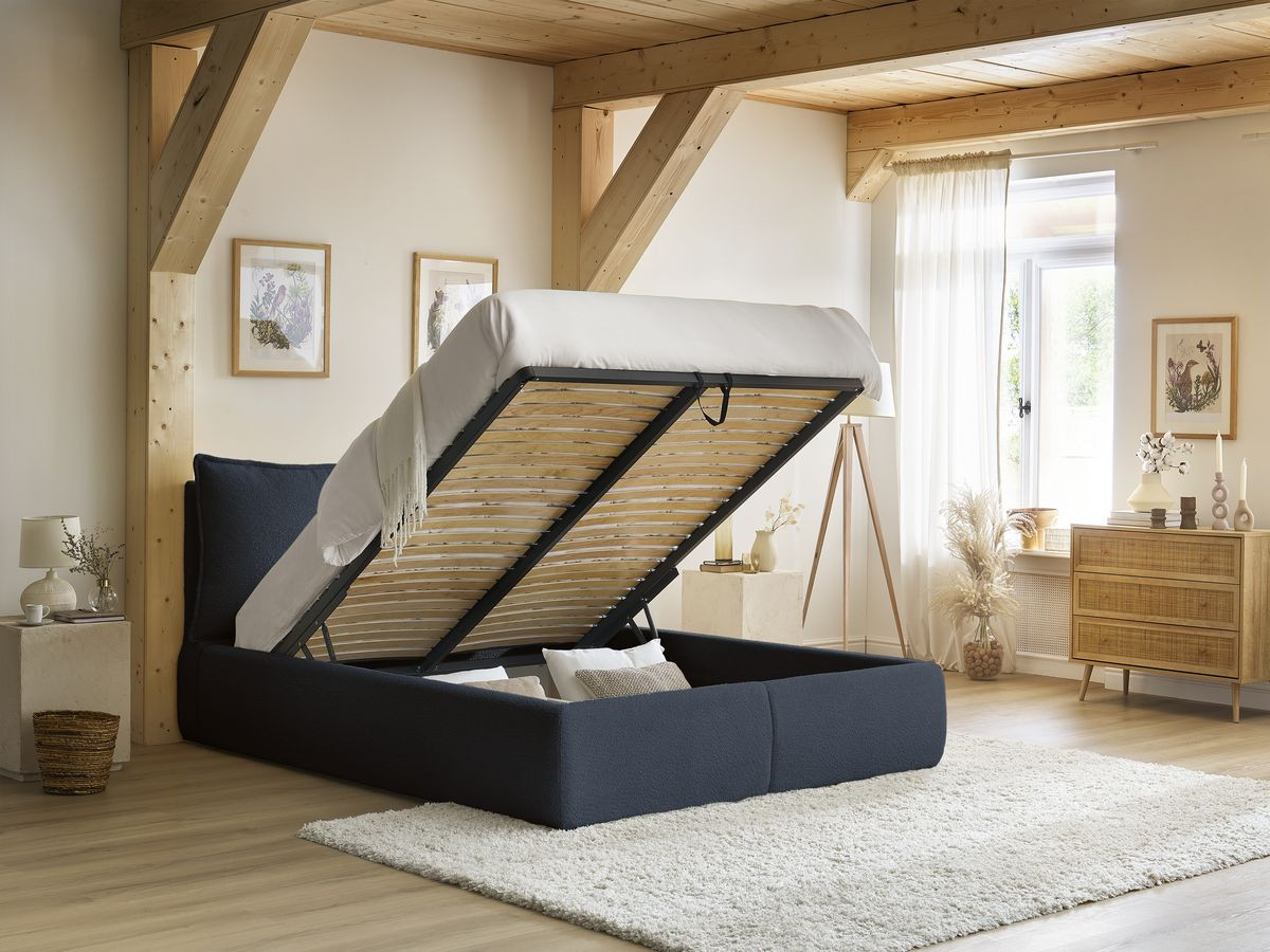 GARANCE opbergbed met hoofdbord met kusseneffect in badstof