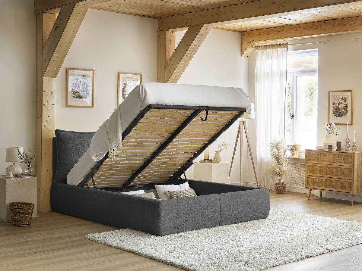 GARANCE opbergbed met hoofdbord met kusseneffect in badstof