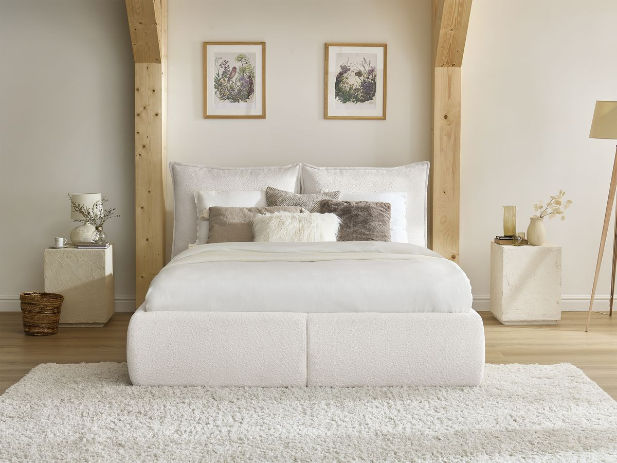 GARANCE opbergbed met hoofdbord met kusseneffect in badstof