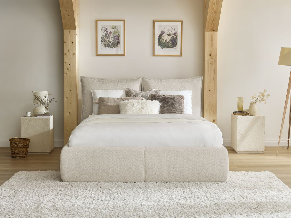 GARANCE opbergbed met hoofdbord met kusseneffect in badstof