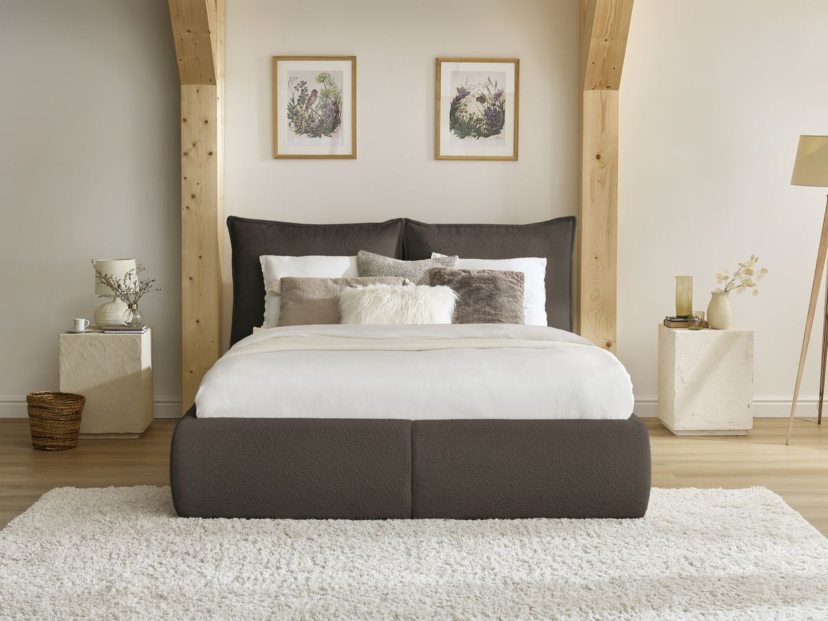 GARANCE opbergbed met hoofdbord met kusseneffect in badstof