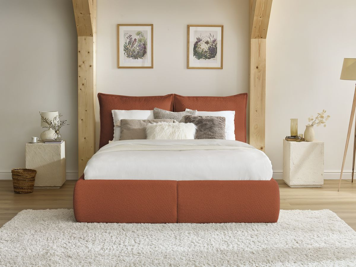 GARANCE opbergbed met hoofdbord met kusseneffect in badstof