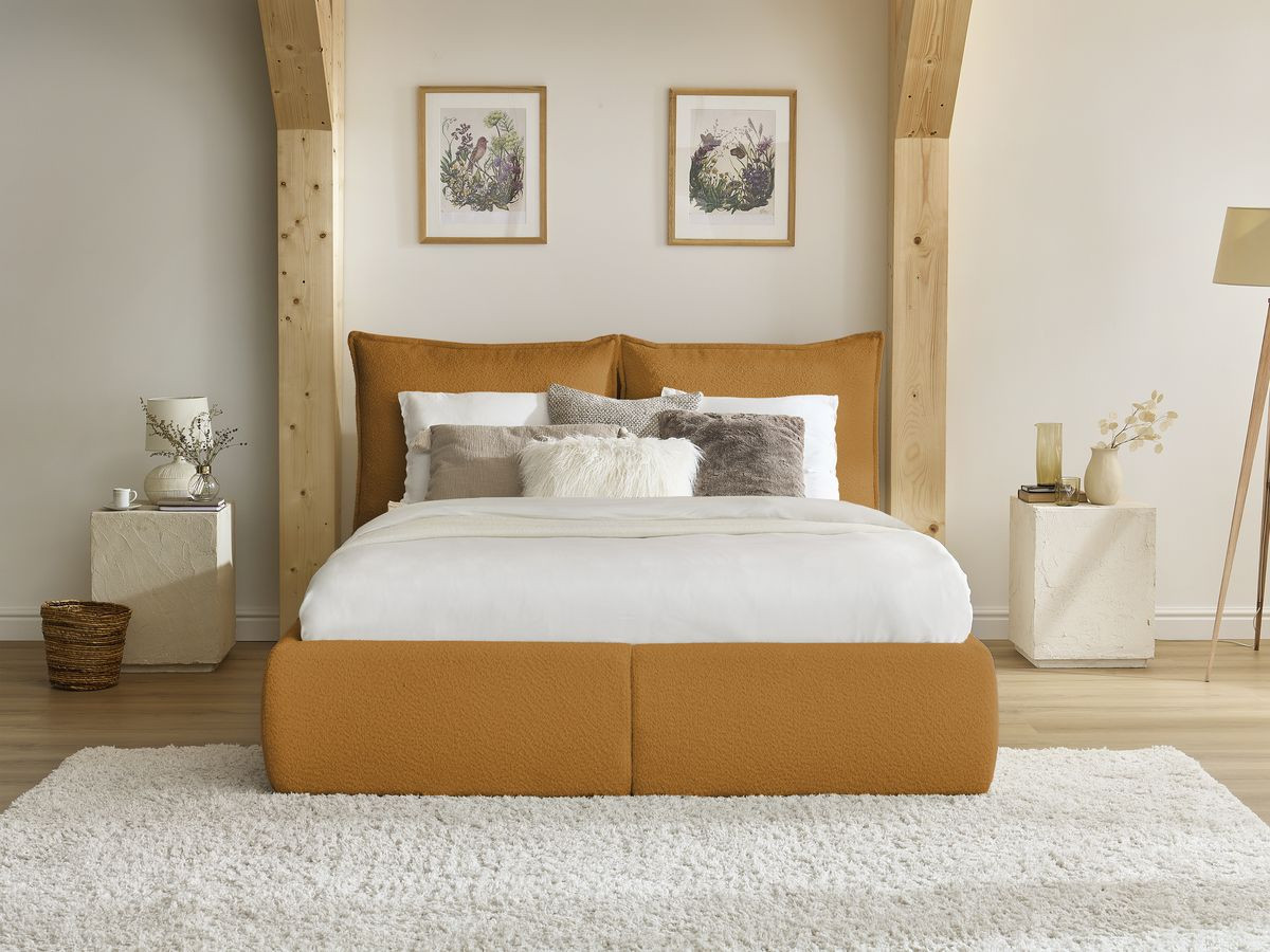 GARANCE opbergbed met hoofdbord met kusseneffect in badstof