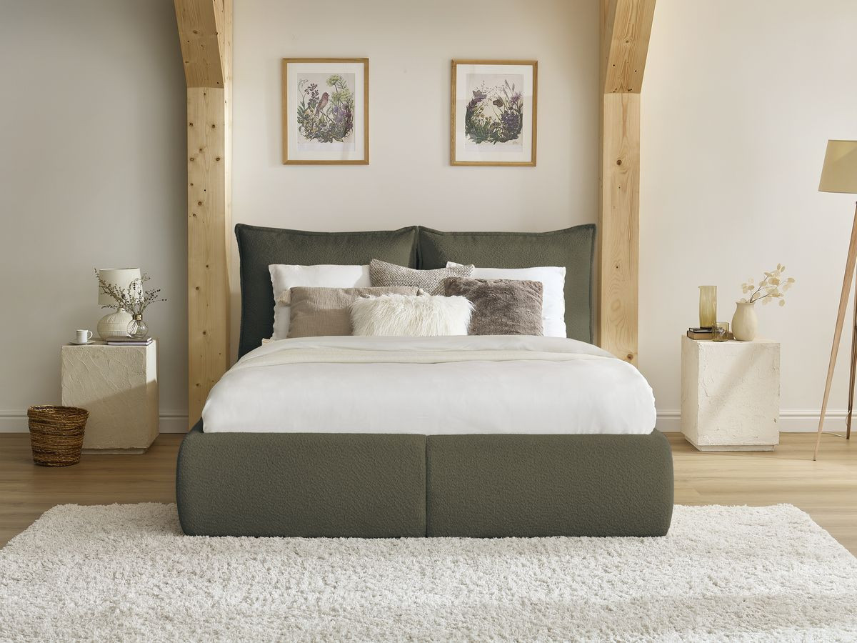 GARANCE opbergbed met hoofdbord met kusseneffect in badstof