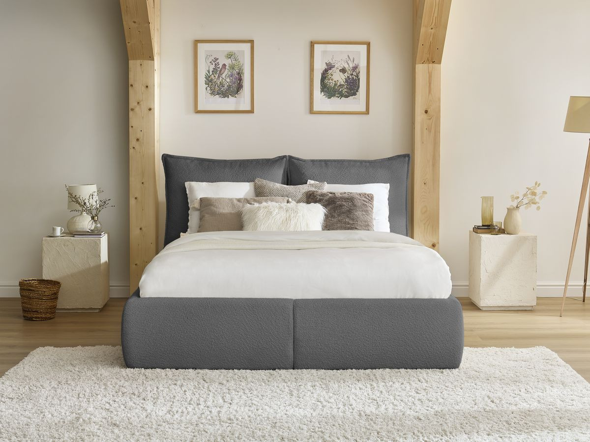 GARANCE opbergbed met hoofdbord met kusseneffect in badstof