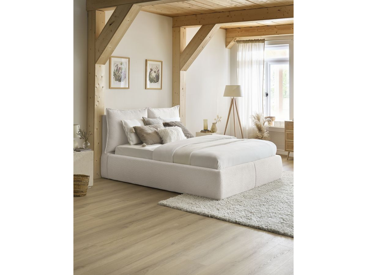 GARANCE opbergbed met hoofdbord met kusseneffect in badstof