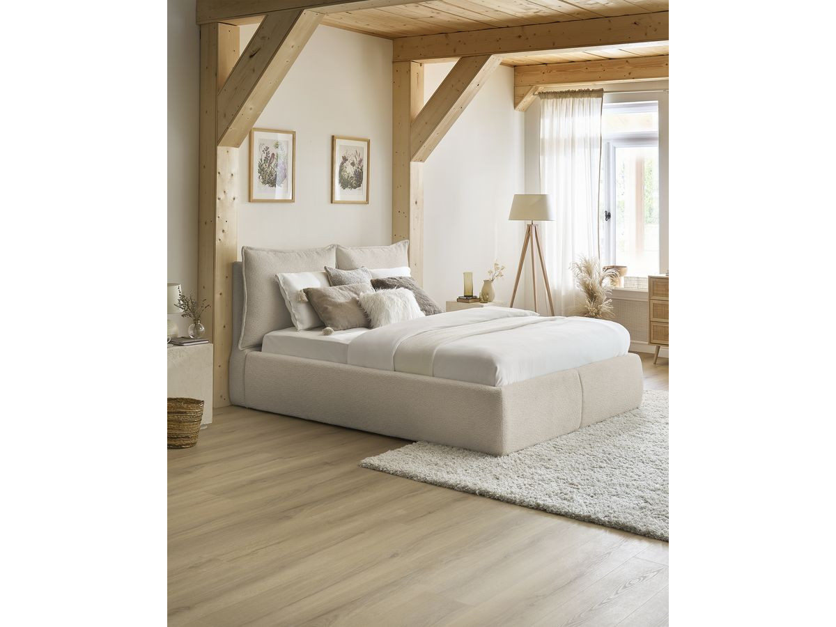 GARANCE opbergbed met hoofdbord met kusseneffect in badstof