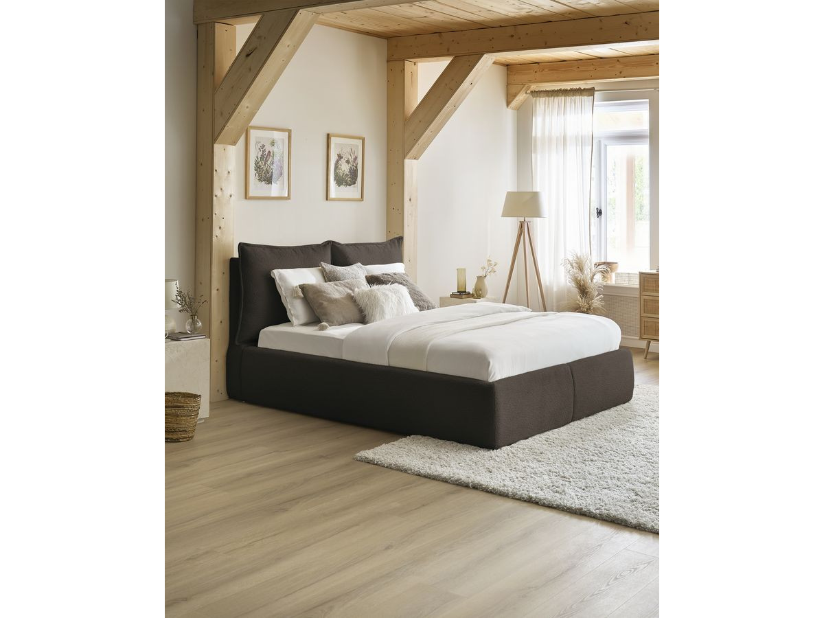 GARANCE opbergbed met hoofdbord met kusseneffect in badstof