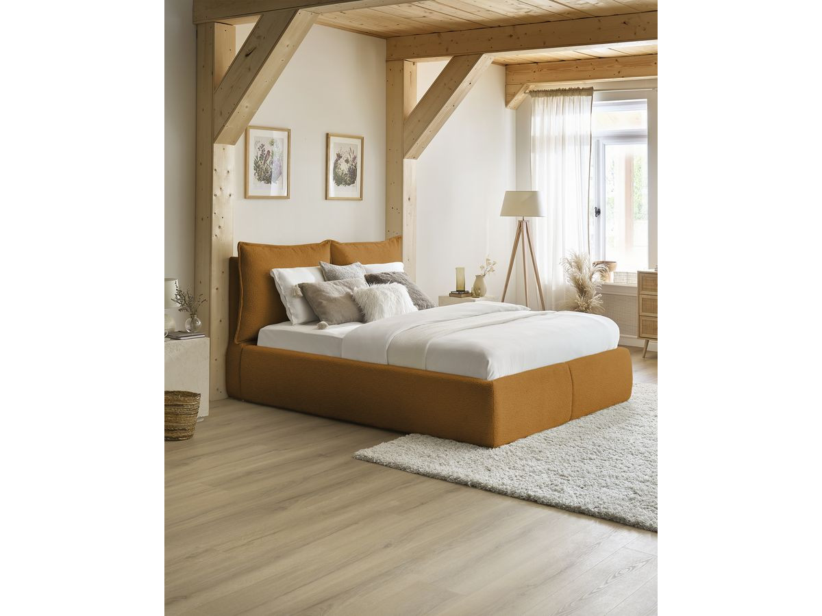 GARANCE opbergbed met hoofdbord met kusseneffect in badstof