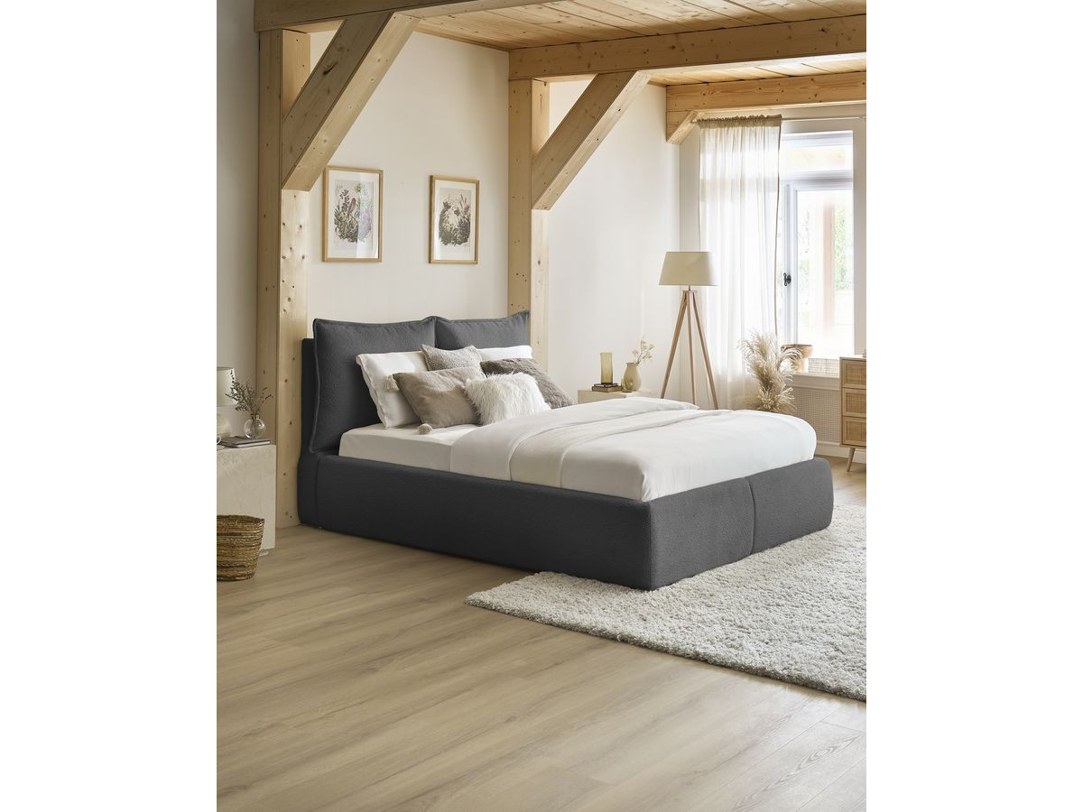 GARANCE opbergbed met hoofdbord met kusseneffect in badstof