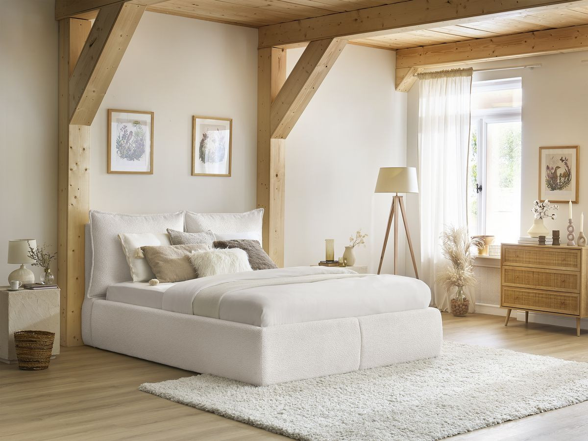 GARANCE opbergbed met hoofdbord met kusseneffect in badstof